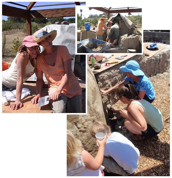 Constance and Claudine and children fixing cob oven cracks
