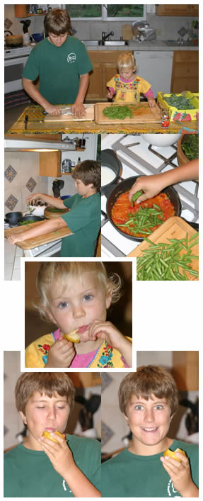 Tom's children David and Elisa helping out in the kitchen, and enjoying juicy pears!