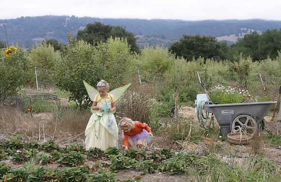 Elisa and friend in fairy costumes in the strawberry patch