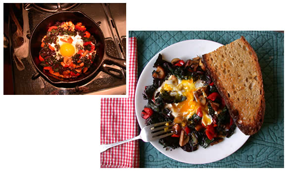 Fried egg in sauteed mushrooms, peppers and chard