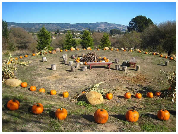 fire circle ringed with pumpkins