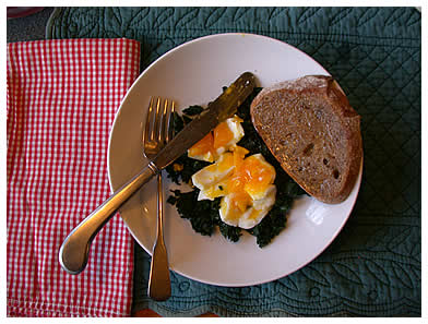 Soft-boiled egg on kale with toast