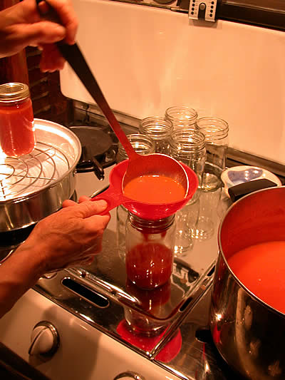 Ladling puree into jar using canning funnel